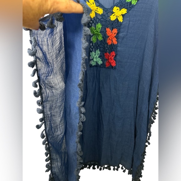 Blue Poncho Beach Coverup with Colorful Floral Accents - Picture 3 of 7